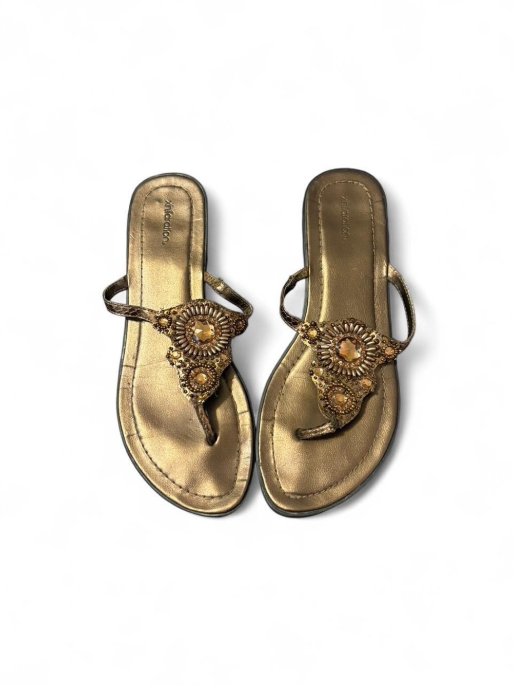 Xhiliration Y2K Embellished Metallic Gold Thong Sandals for Women, Size 8